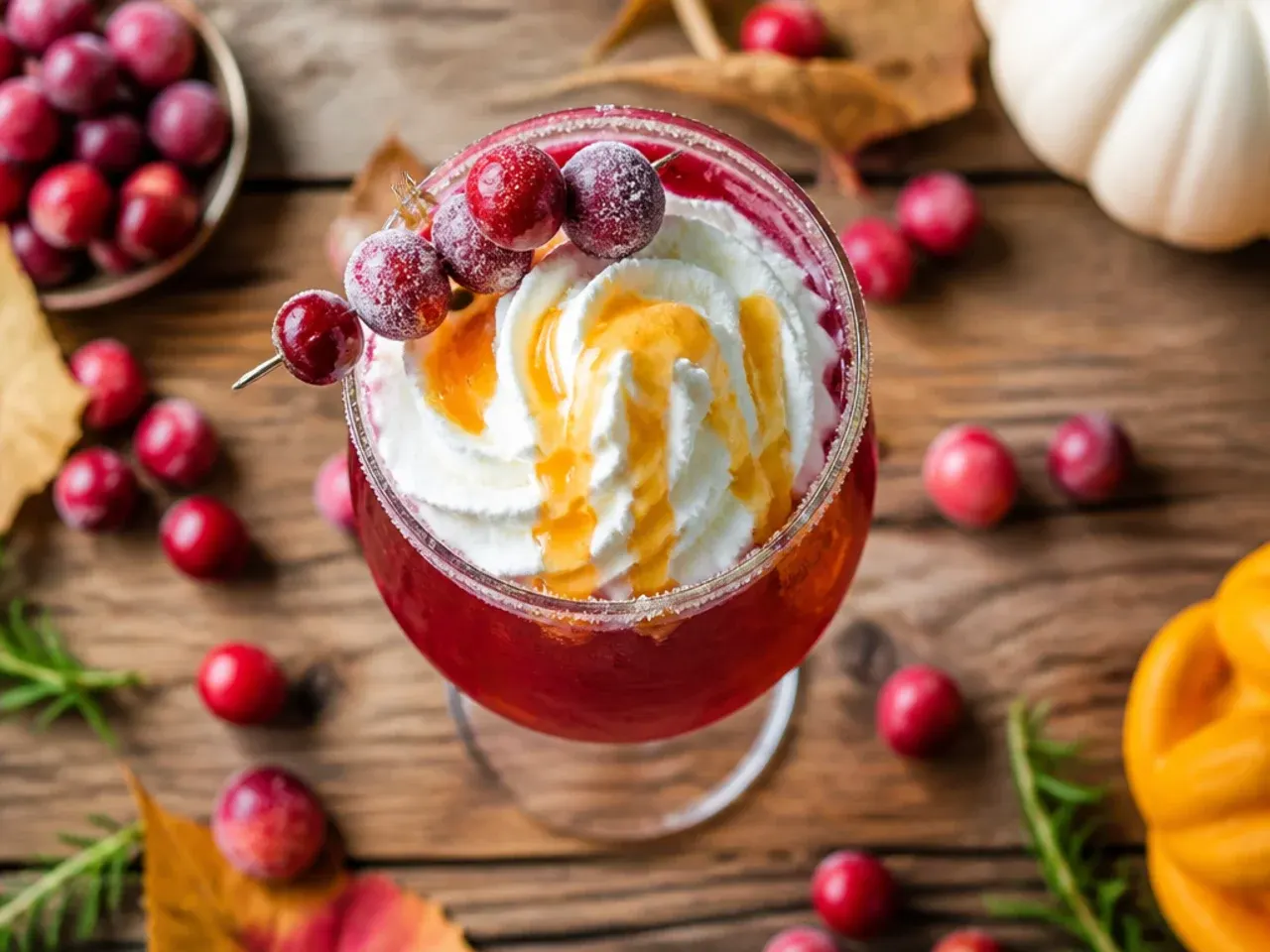 Champagne flute of cranberry mimosa with floating cranberries
