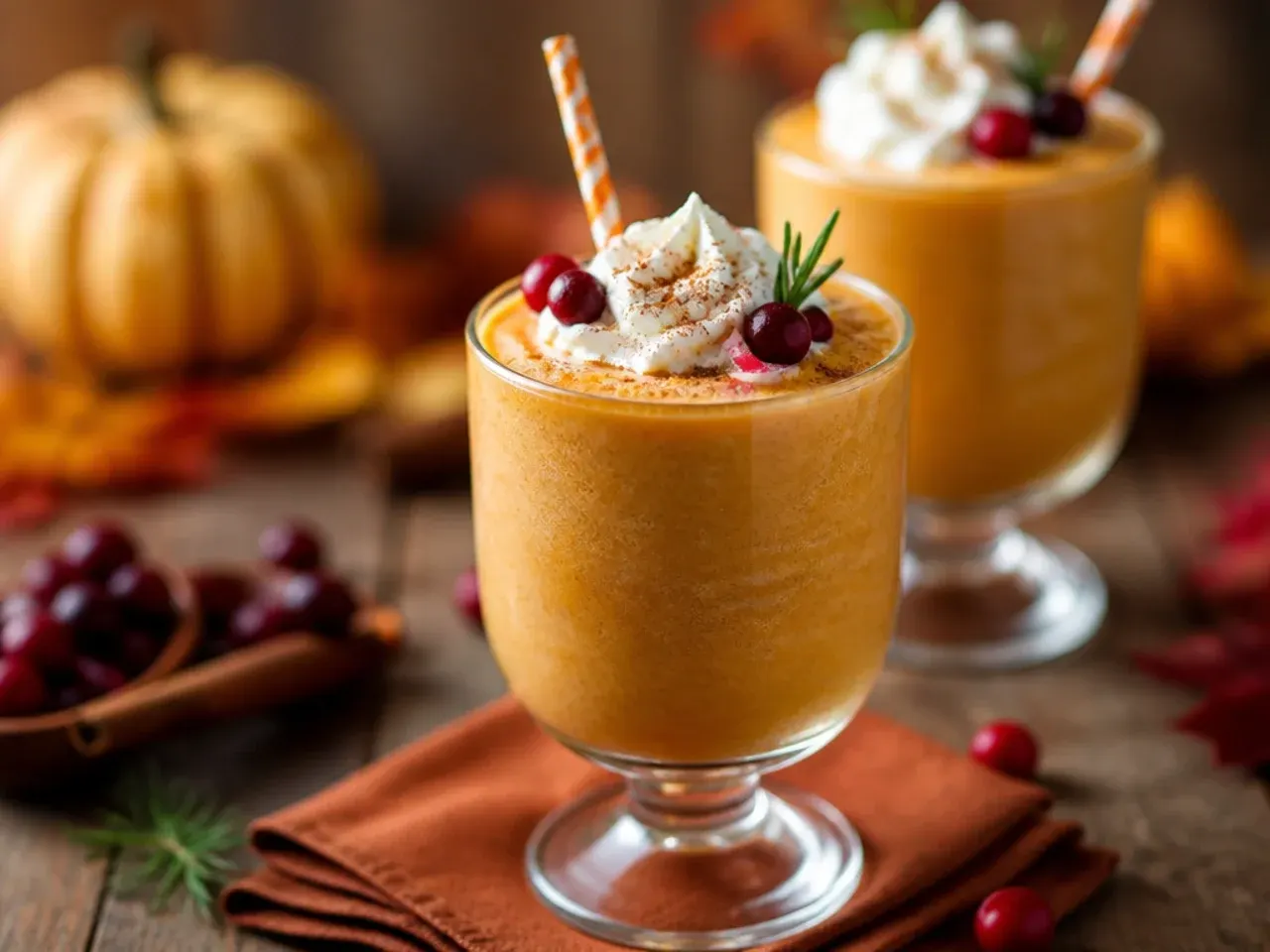 Blended pumpkin pie smoothie in a glass topped with whipped cream and biscuit crumbs