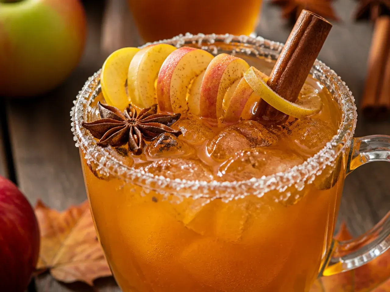 Mug of spiced chai apple toddy with a cinnamon stick and steam rising