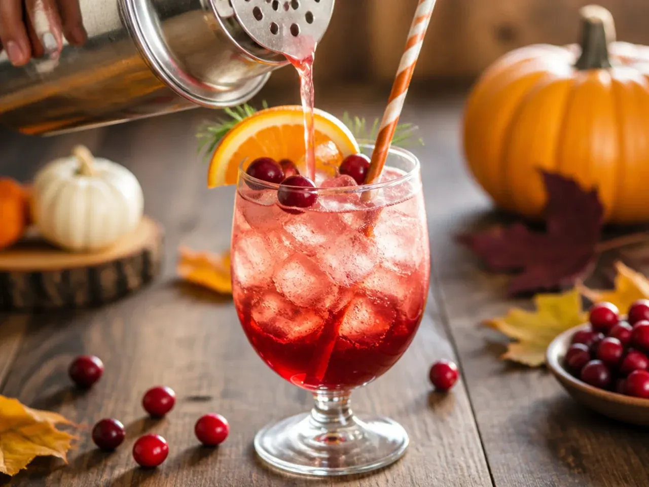 Glass of cranberry-orange spritzer with an orange twist and rosemary sprig garnish