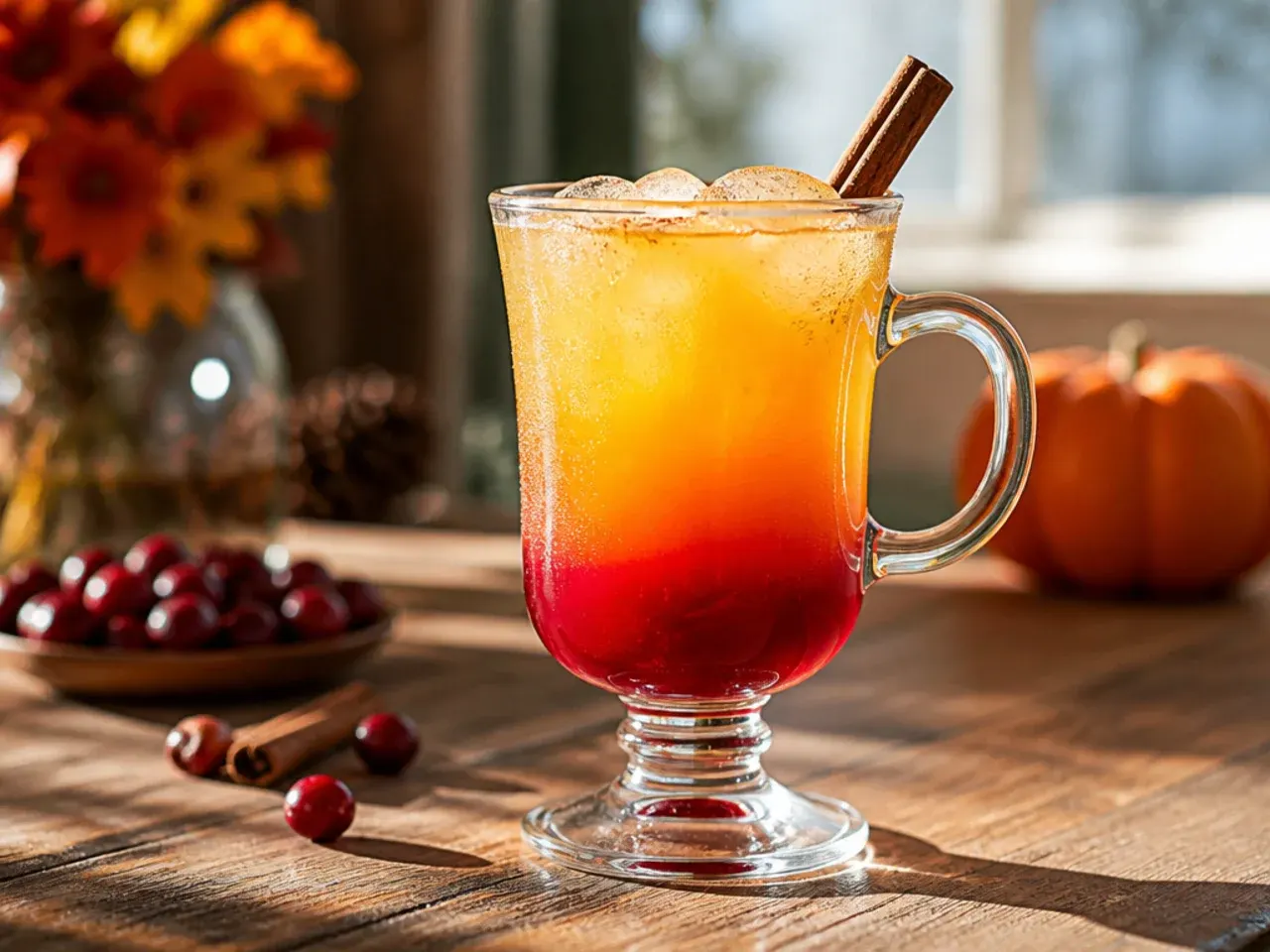 Layered cranberry sunset mocktail showing a red-to-orange gradient in a tall glass