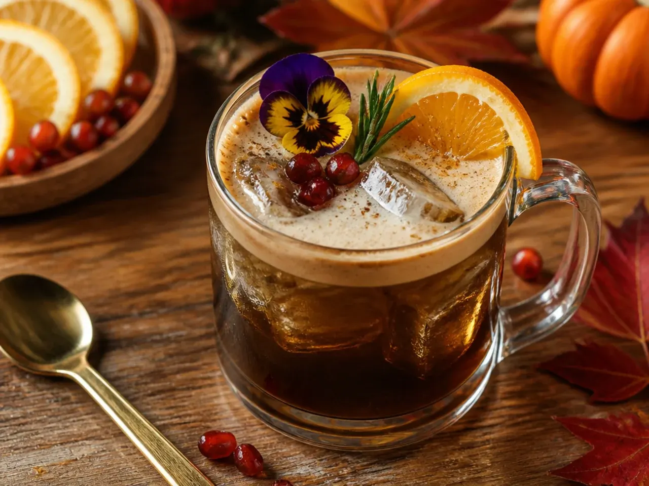 Espresso maple old fashioned in a rocks glass with a large ice cube and orange peel garnish