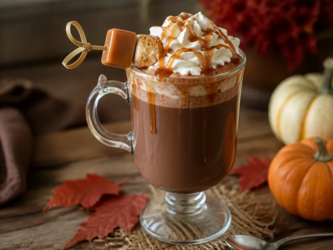 Mug of salted caramel hot chocolate topped with whipped cream and a caramel drizzle