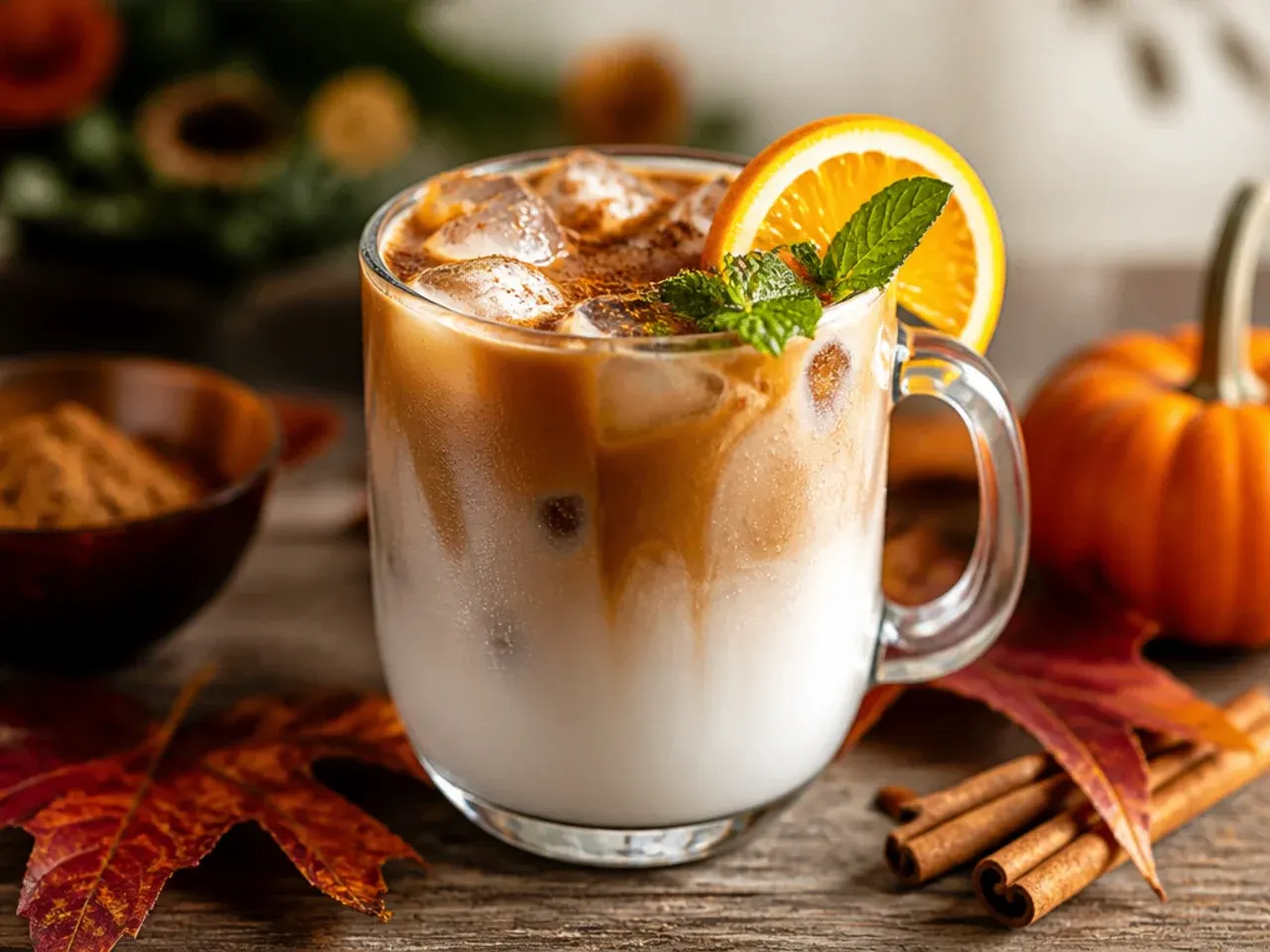 Iced brown sugar cinnamon latte with visible espresso and milk layers and cinnamon dusting