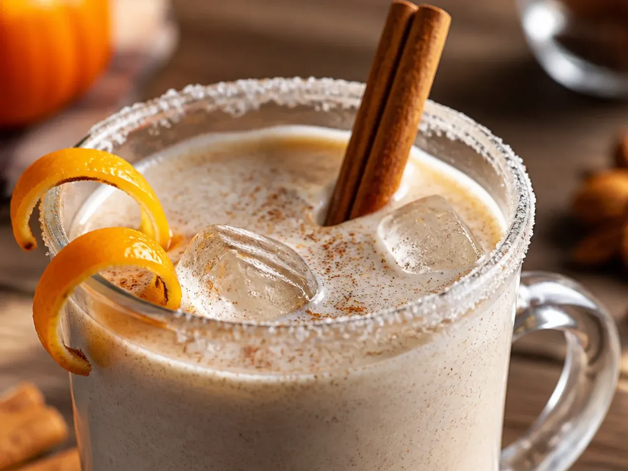 Small glasses of creamy coquito-style eggnog dusted with cinnamon