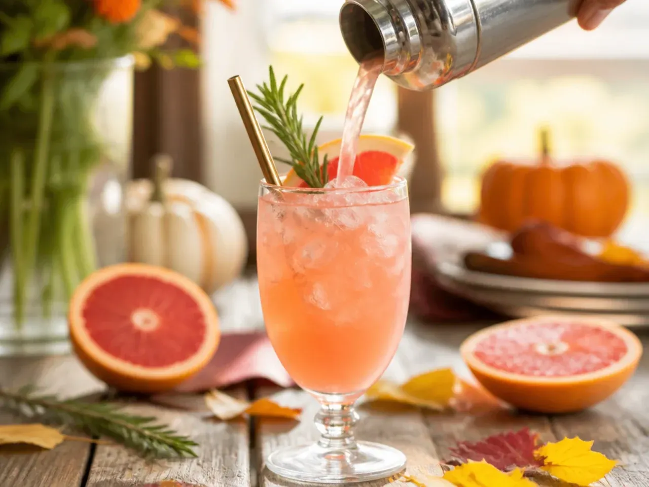 Rosemary grapefruit cooler in a tall glass garnished with a fresh rosemary sprig