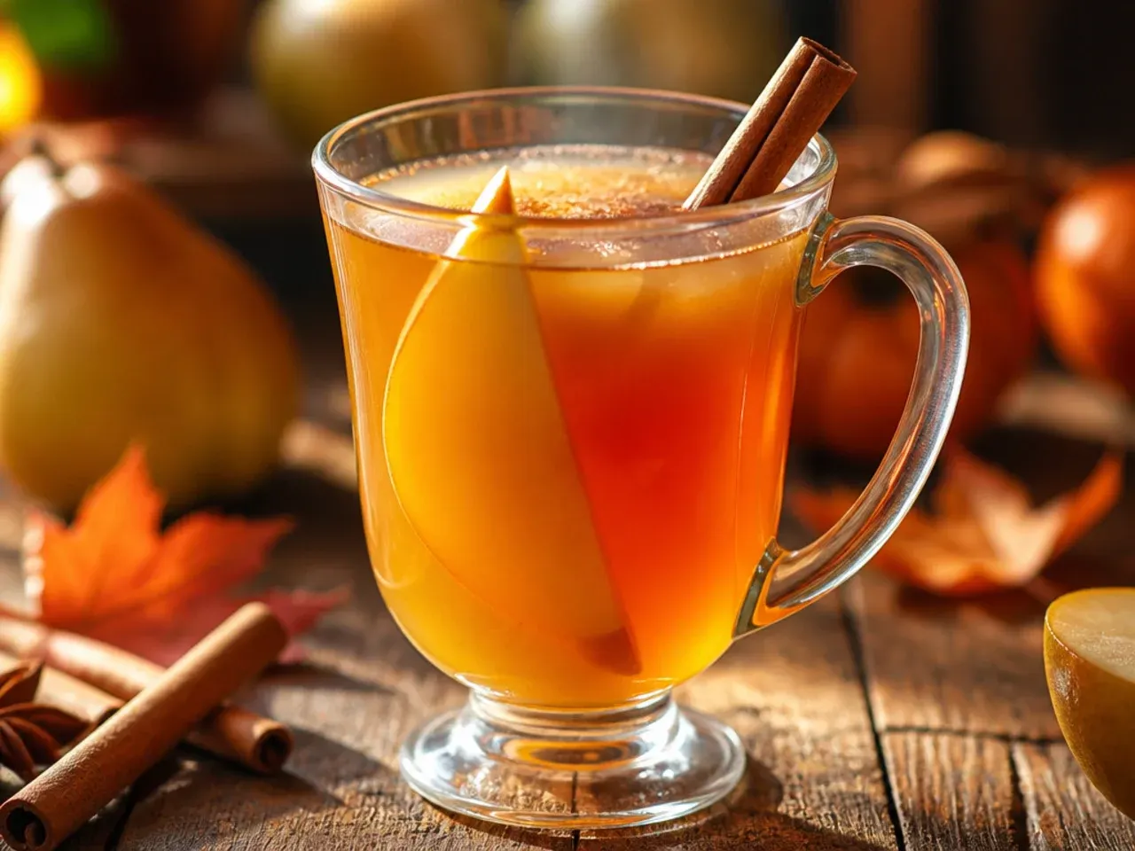 Warm spiced pear cider in a glass mug with a floating pear slice and star anise