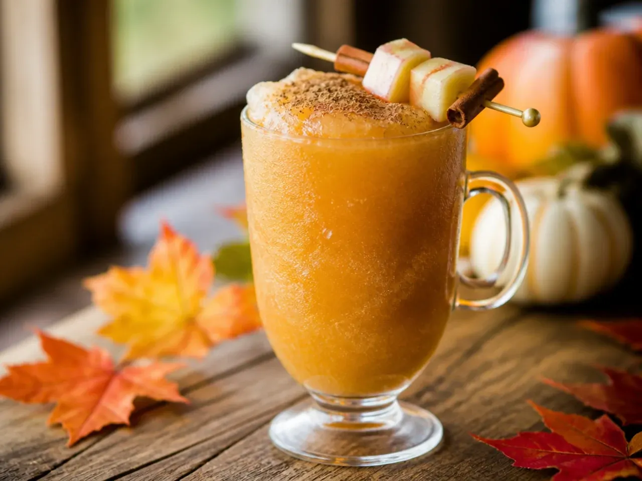 Frozen spiced rum cider slush in a chilled glass with a cinnamon stick garnish