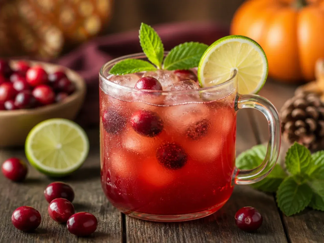 Ginger beer cranberry mule in a copper mug with a lime wedge garnish