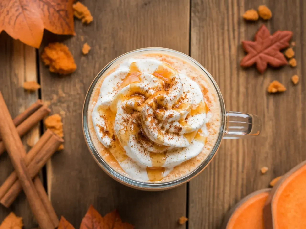 Sweet potato pie milkshake in a small glass topped with crushed pecans and cinnamon