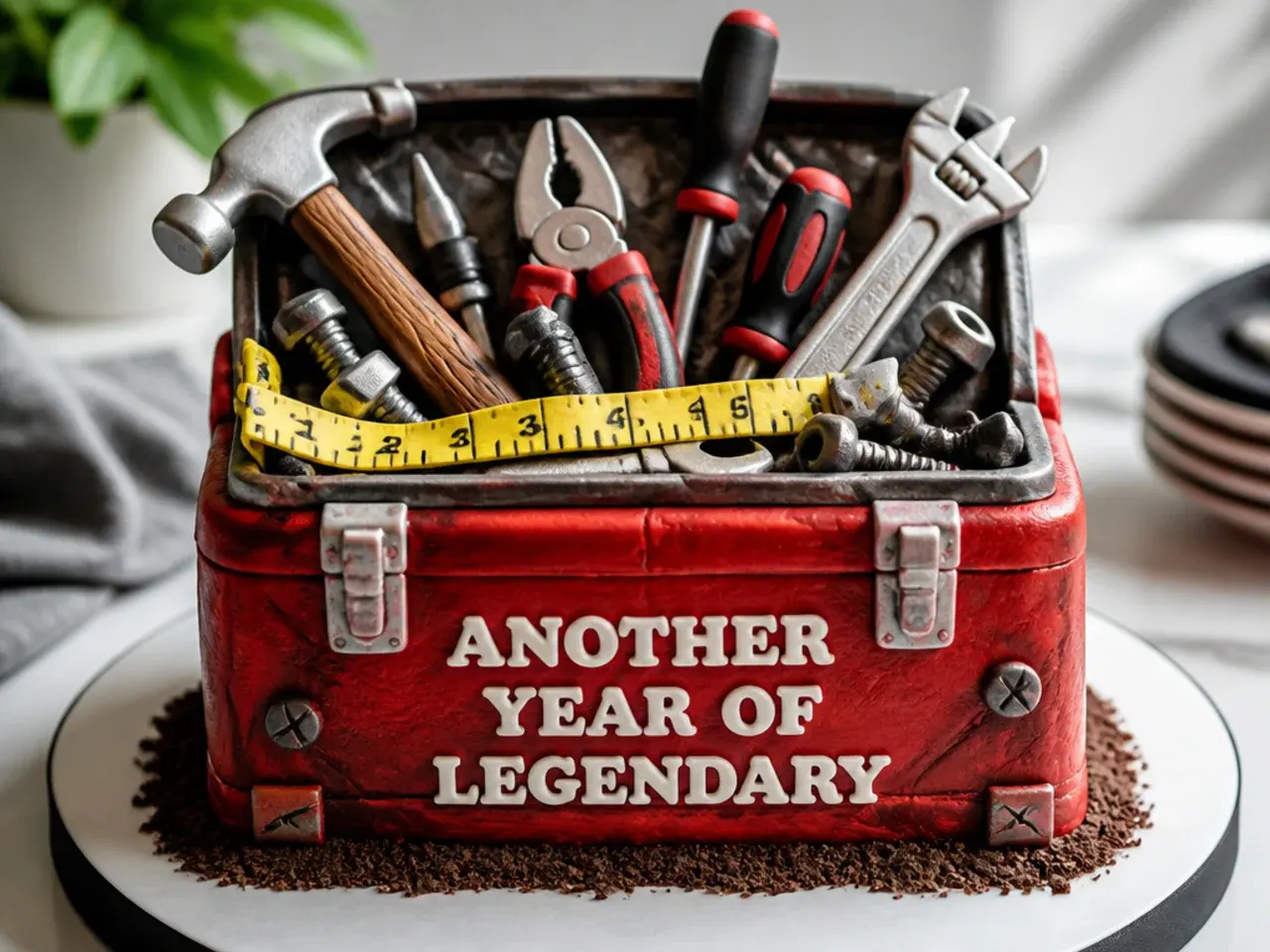 Overhead shot of a decorated novelty chocolate cake surrounded by piping bags, fondant tools and a birthday candle