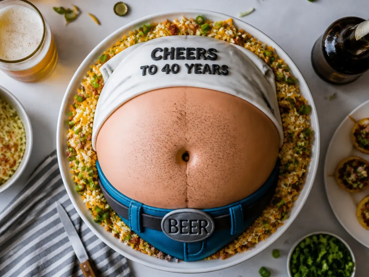 Round domed chocolate cake iced to look like a bare belly with a navel and a mini beer can propped on top