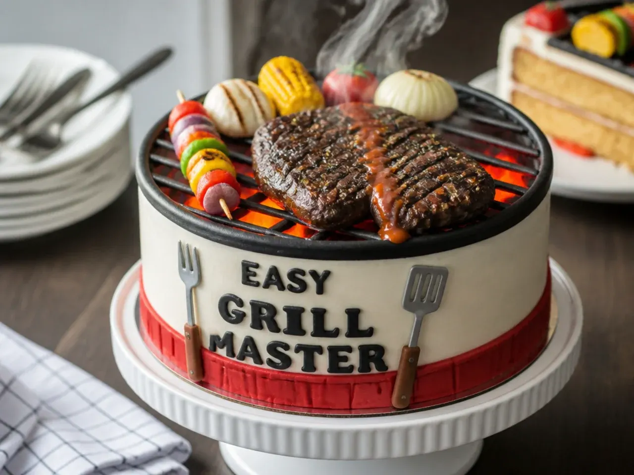 Rectangular sheet cake decorated as a barbecue grill with fondant sausages and burgers on top
