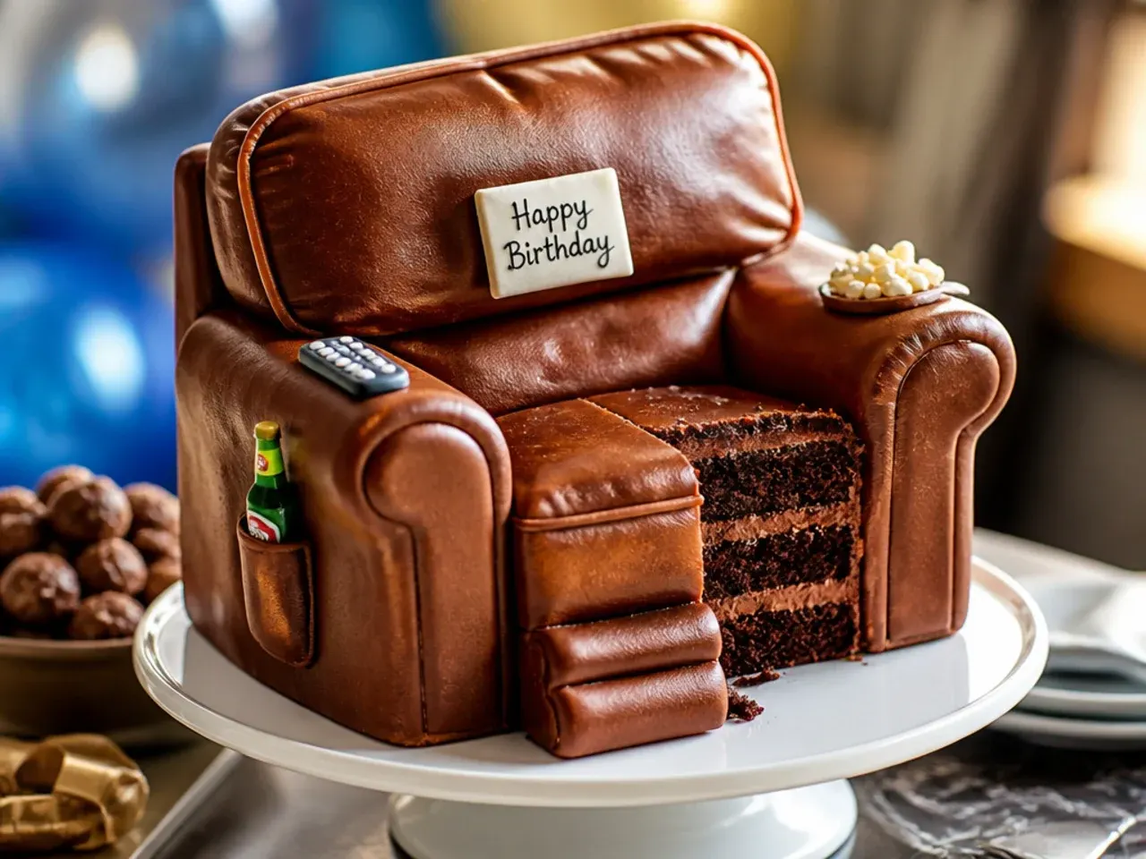 Carved brown fondant cake shaped like a recliner armchair with a quilted backrest and mini remote control