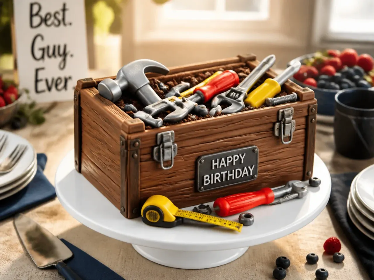 Rectangular cake iced grey and red to resemble a metal toolbox with fondant tools on top