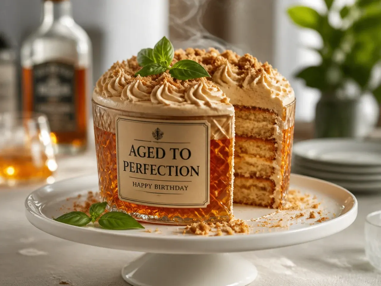 Small round cake carved and iced to look like a glass of whisky with sugar ice cubes on top