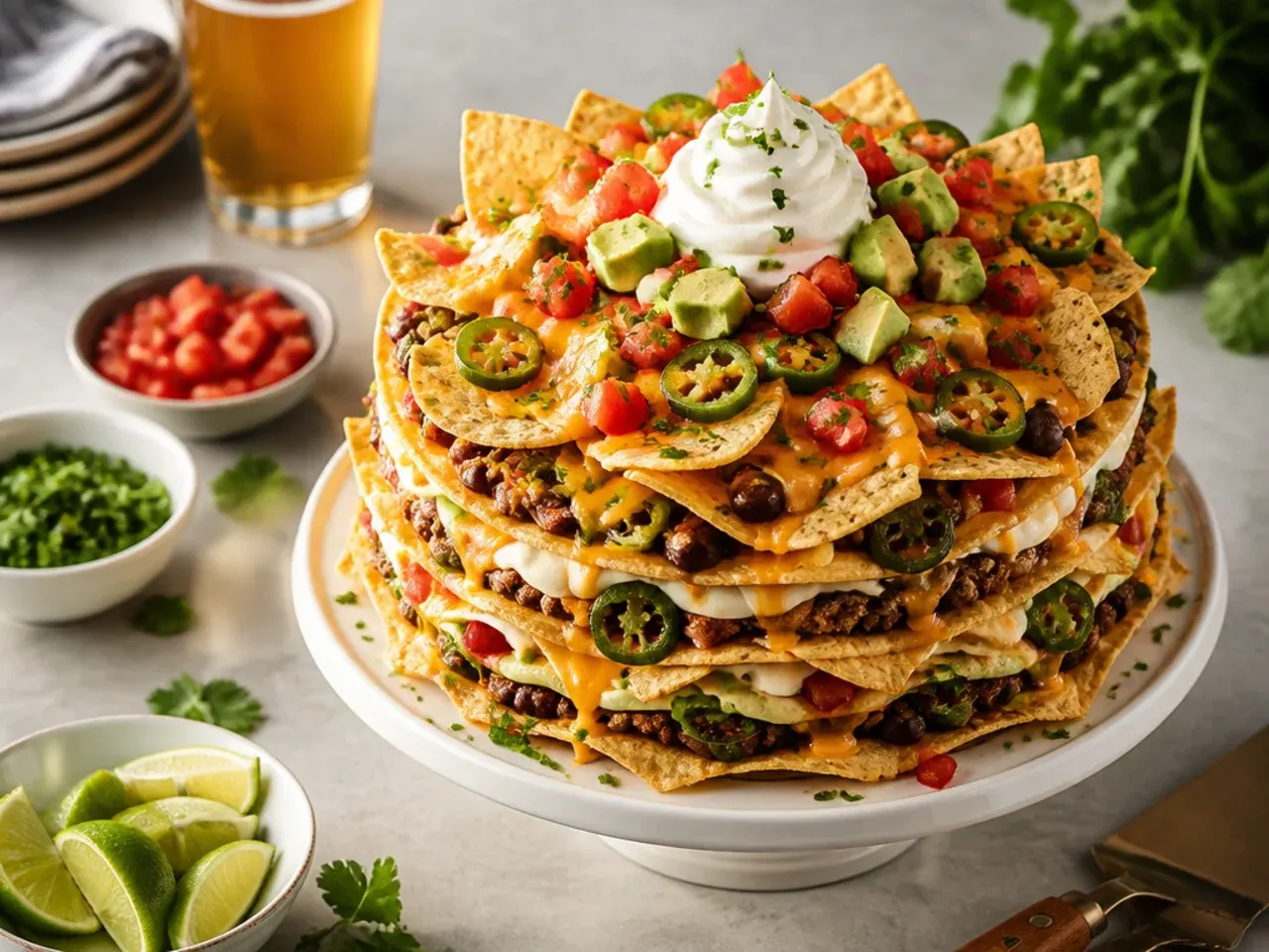 Cake styled to look like a loaded plate of nachos with cheese drizzle, chips and jalapeños