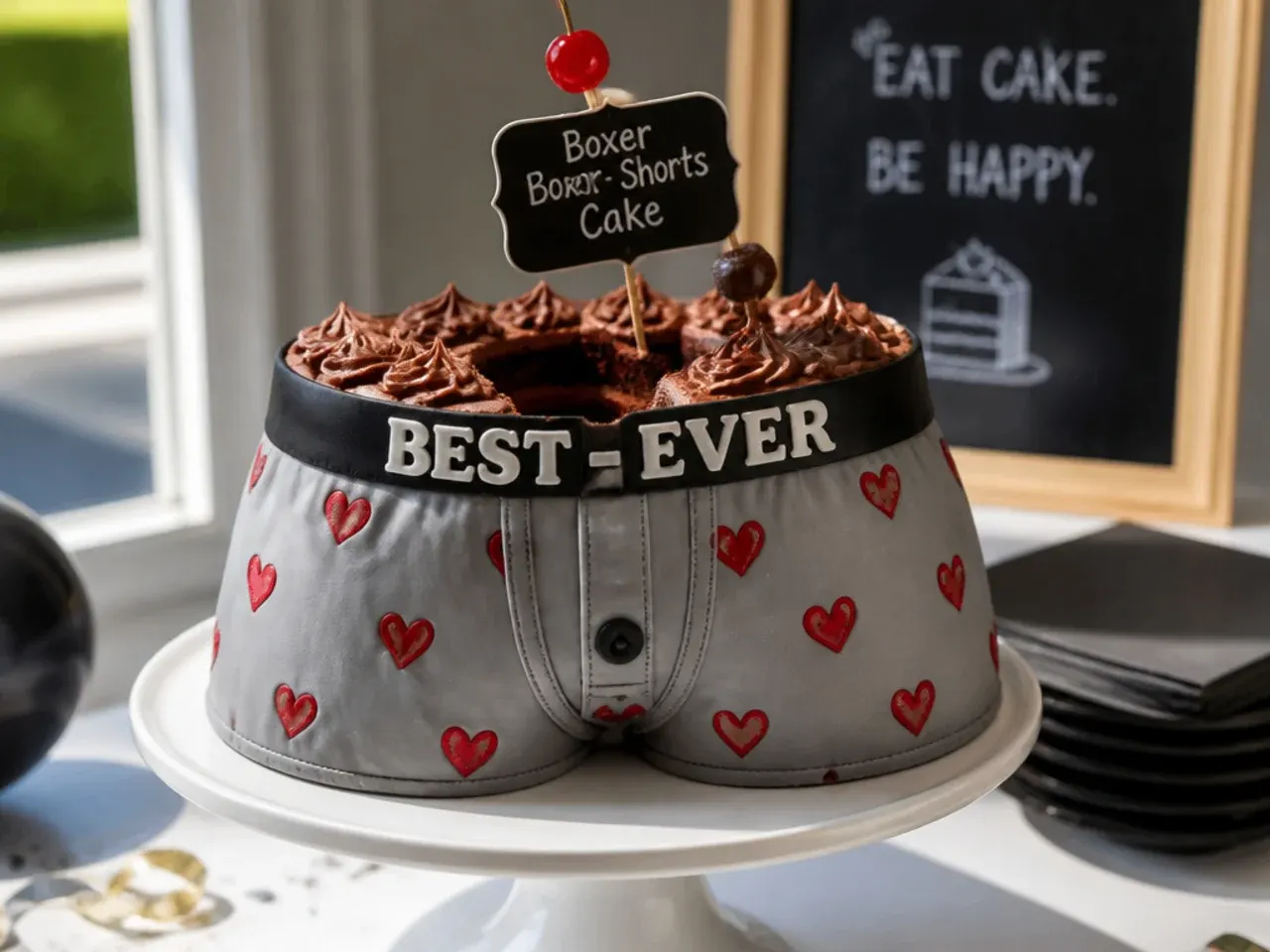 Flat novelty cake cut and iced to look like a pair of men's boxer shorts with a printed pattern