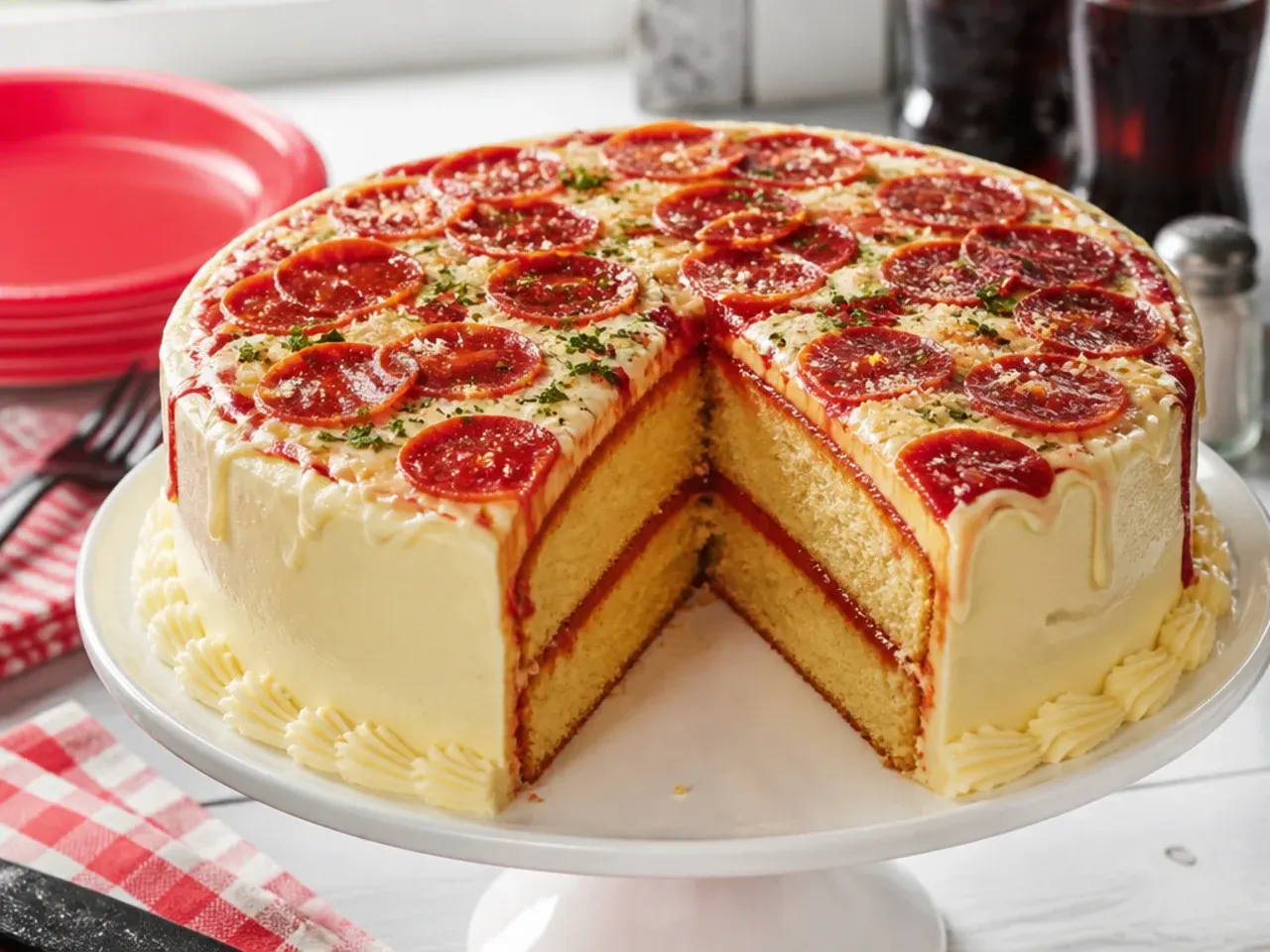 Cake wedges iced to look like pizza slices with pepperoni and stretchy melted cheese effect