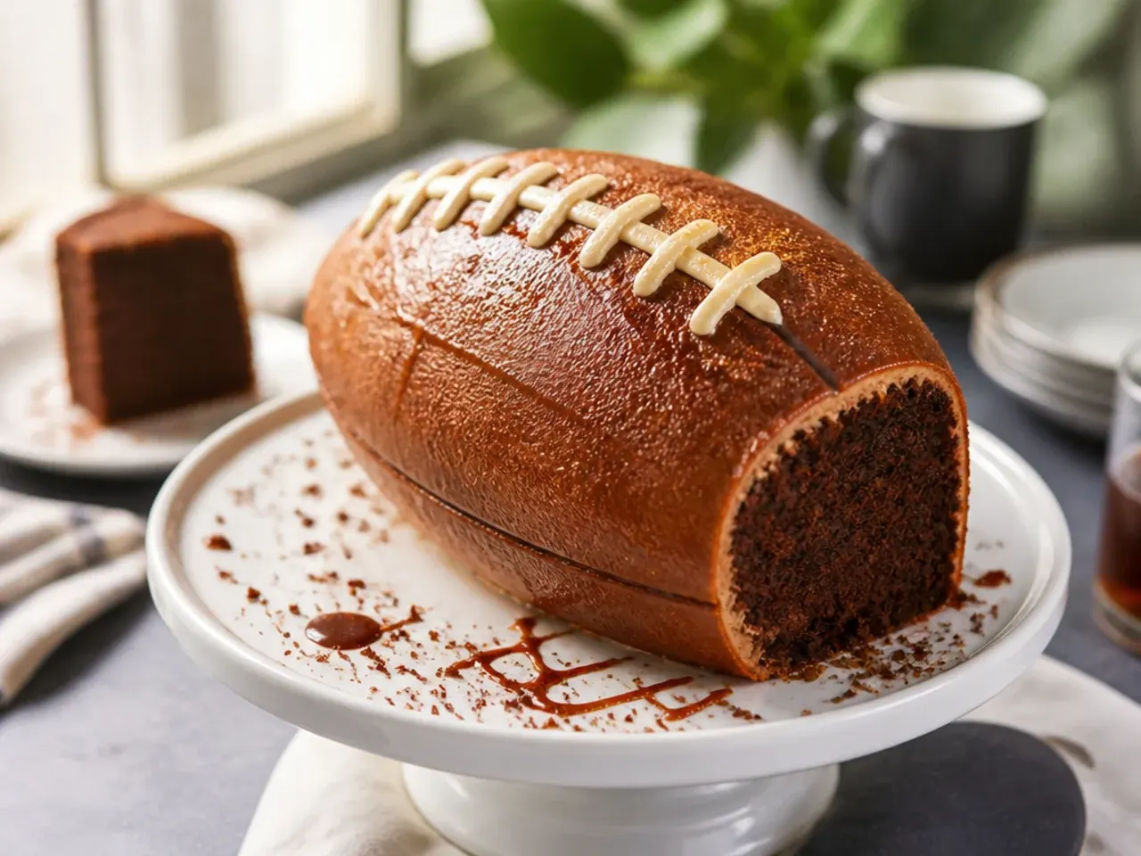 Oval cake iced brown with white piped lacing to look like a rugby ball