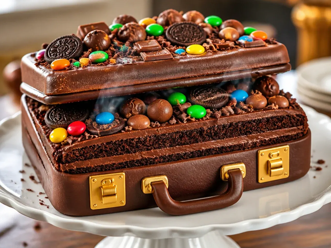 Rectangular cake iced tan and detailed to look like a leather briefcase with a fondant handle