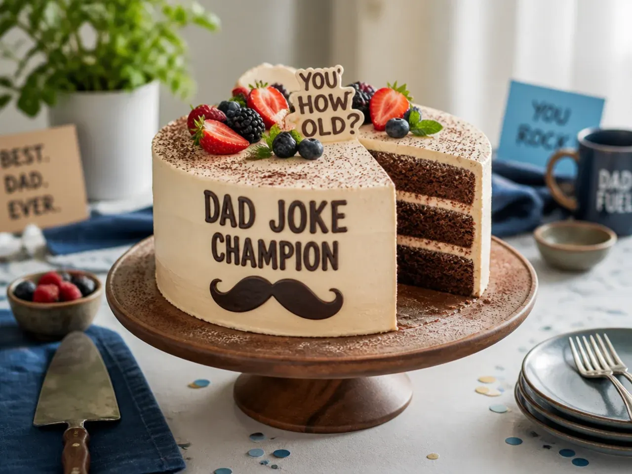 Round chocolate cake with a short pun message piped across the top in bold icing