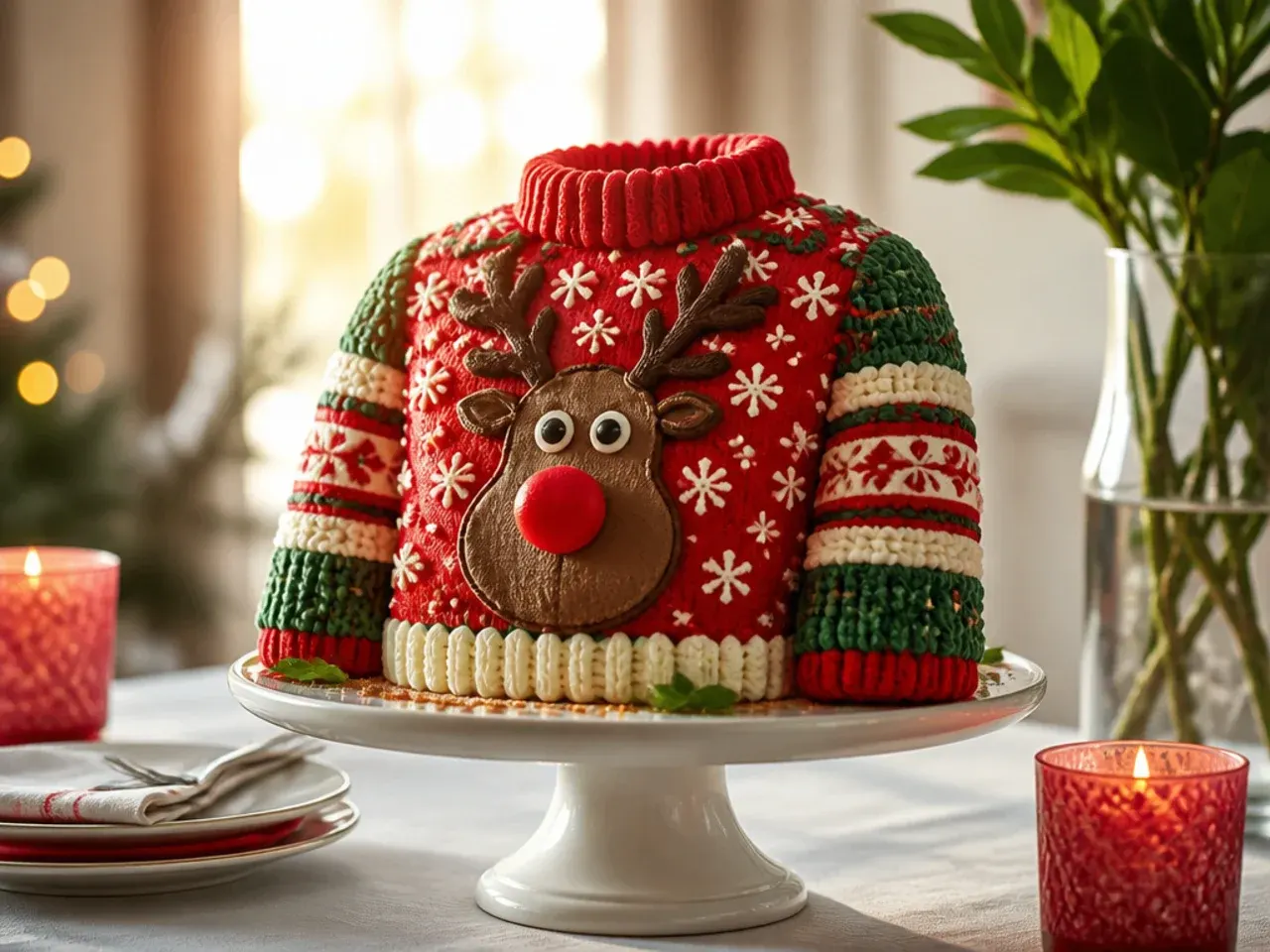 Round cake iced and piped to look like a garish Christmas jumper pattern