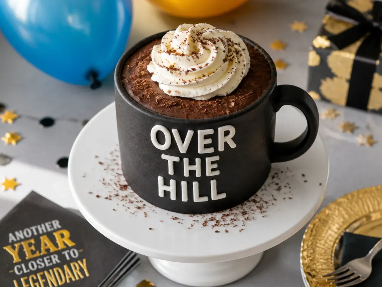 A mug filled with a small chocolate mug cake topped with a joke gift label