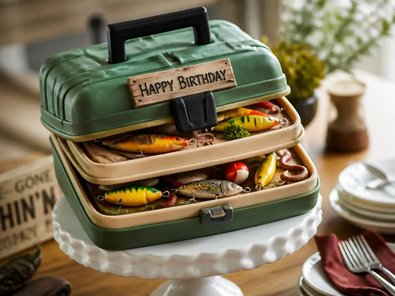 Cake carved and iced to look like a green fishing tackle box with fondant lures on top