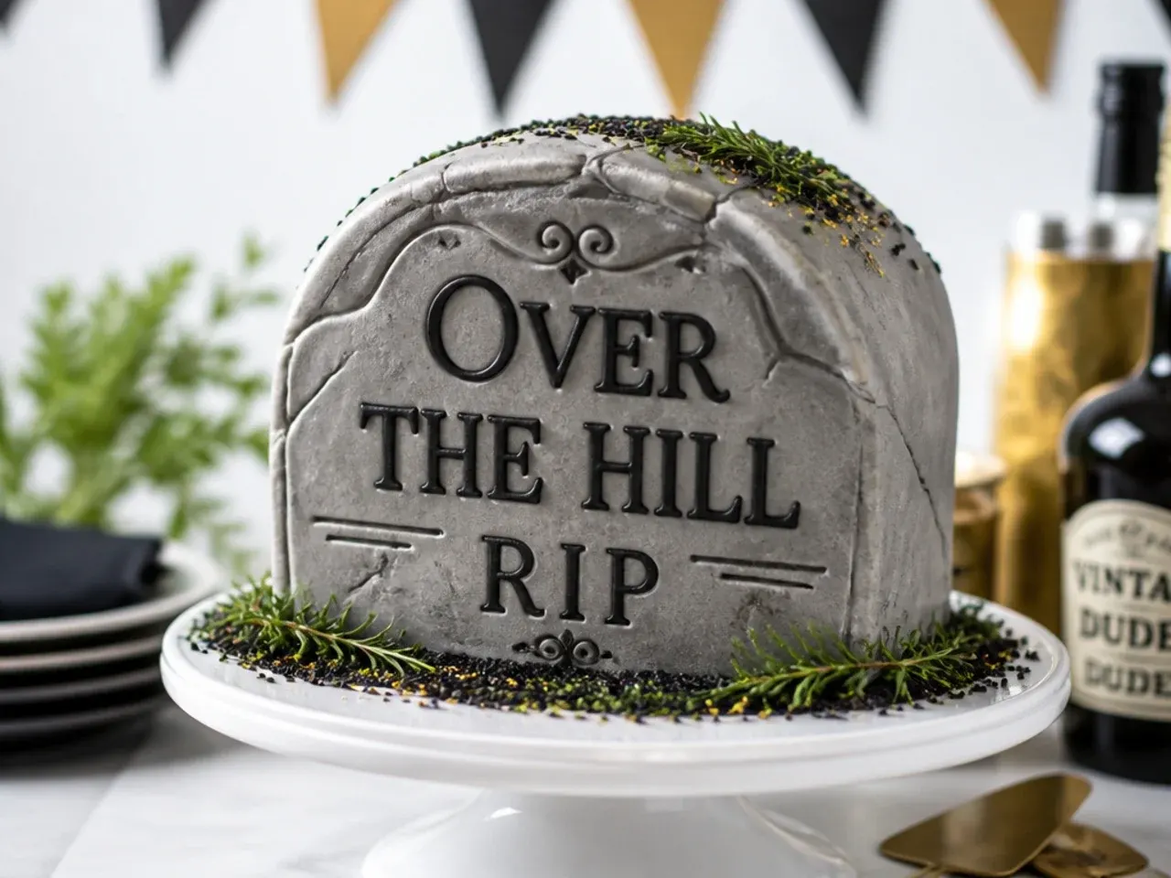 Dark grey tombstone-shaped cake with a piped joke epitaph and crushed biscuit dirt at the base