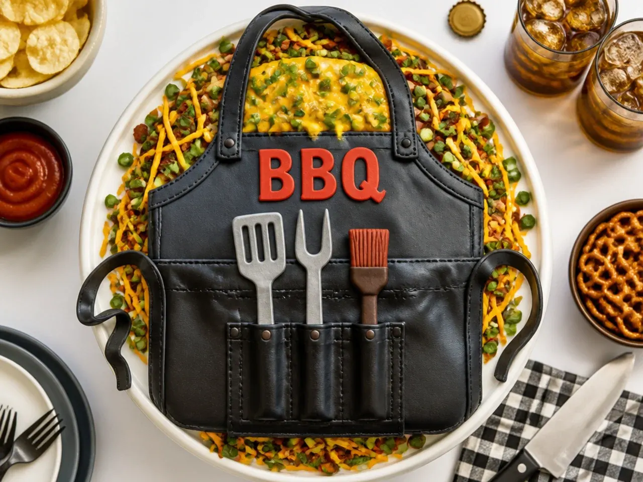 Flat sheet cake cut and iced to look like a barbecue apron with a joke slogan