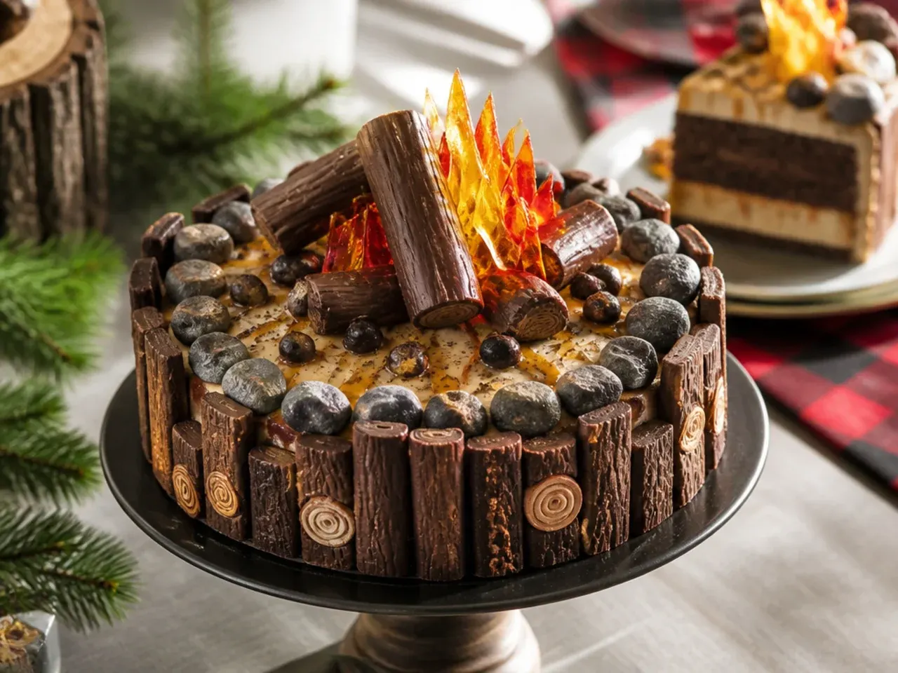 Round cake decorated with chocolate log sticks and piped orange and red buttercream flames like a campfire