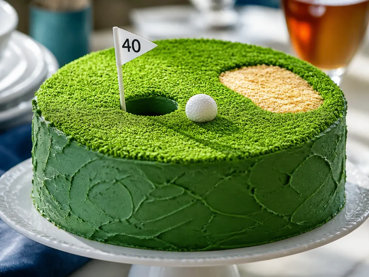 Round green cake textured to look like a golf green with a fondant golf ball and flag