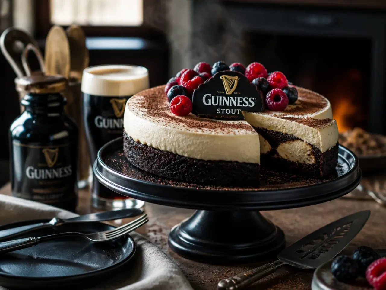 Slice of dark stout chocolate cake with cream cheese frosting showing a moist, dense crumb