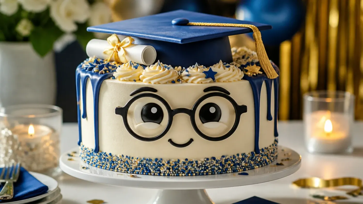 A white sheet cake decorated with a fondant graduation cap and a piped sarcastic message, surrounded by mini diploma cake pops