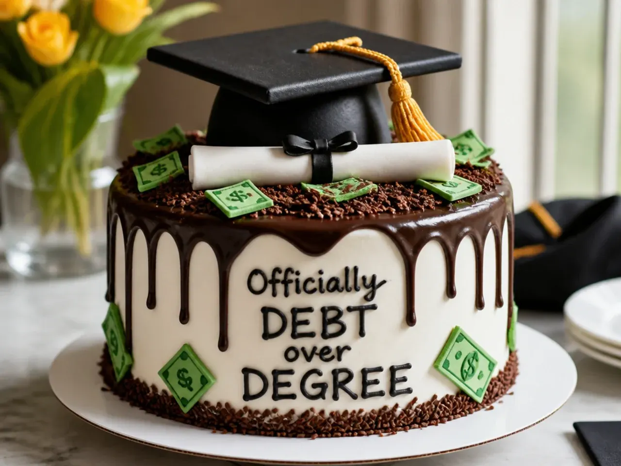 Overhead shot of a decorated graduation cake next to piping bags, fondant tools and food colouring gels