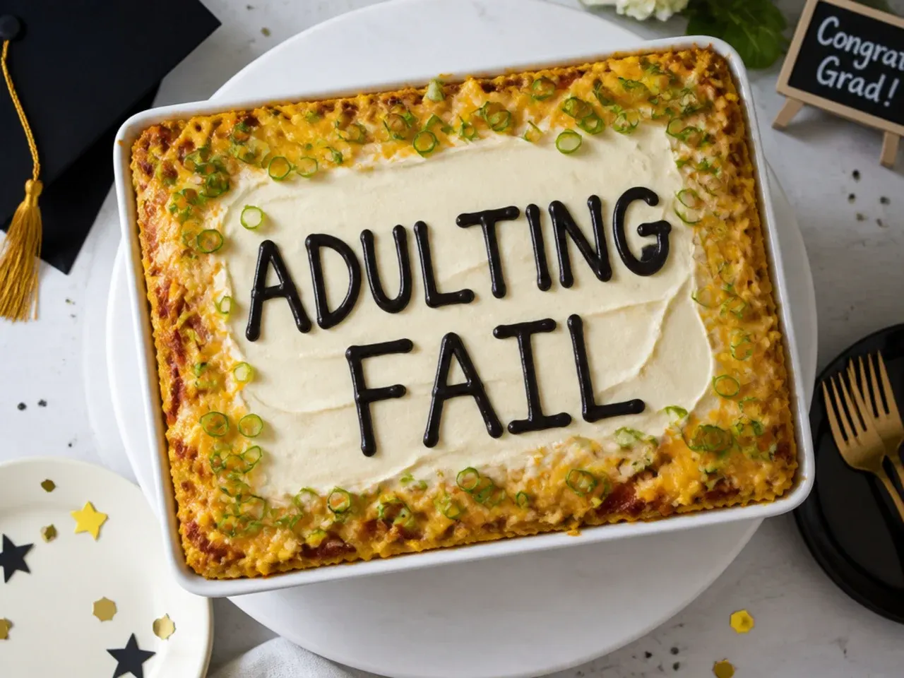 Sheet cake with red piped sarcastic text reading Congrats now adulting begins