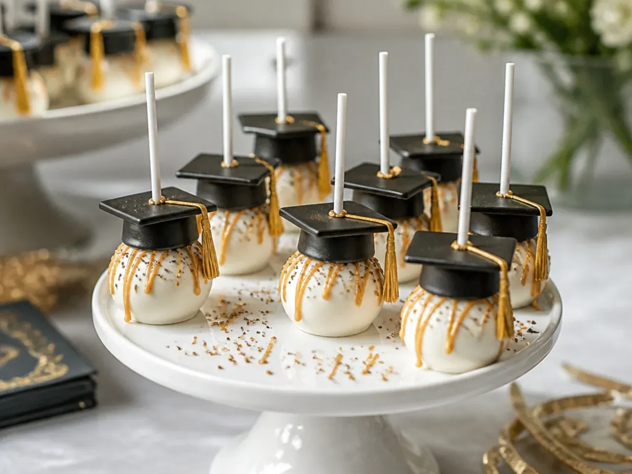 Rows of mini cake pops wrapped in white fondant to look like tied diploma scrolls
