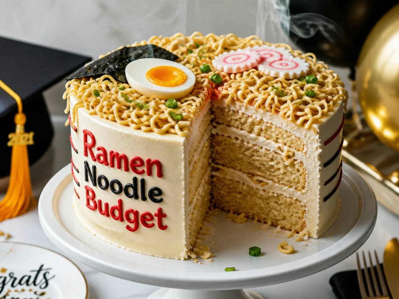 Cake with yellow buttercream noodle swirls and a ramen packet topper on top