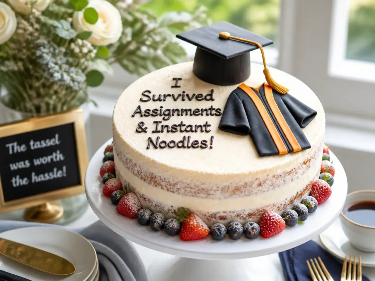 Black and yellow fondant graduation cap topper sitting on a white buttercream cake