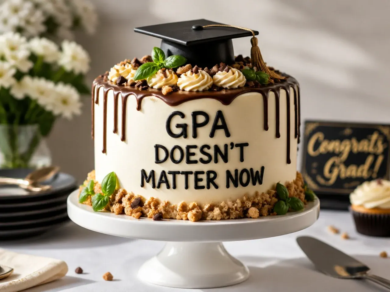 White drip cake with dark chocolate ganache dripping down the sides and piped text on top