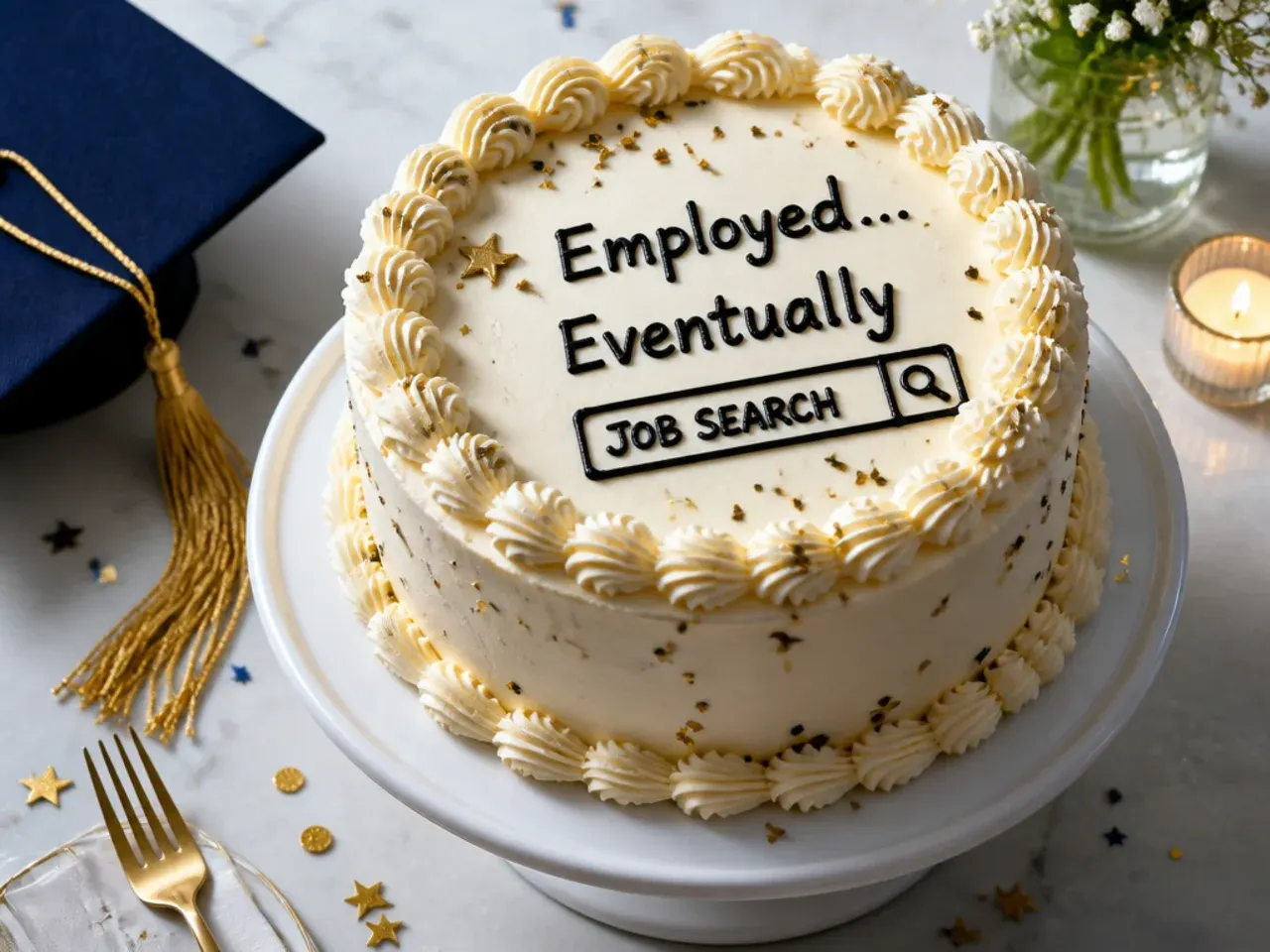 Cake topped with scattered fondant resume papers and a piped employed eventually message