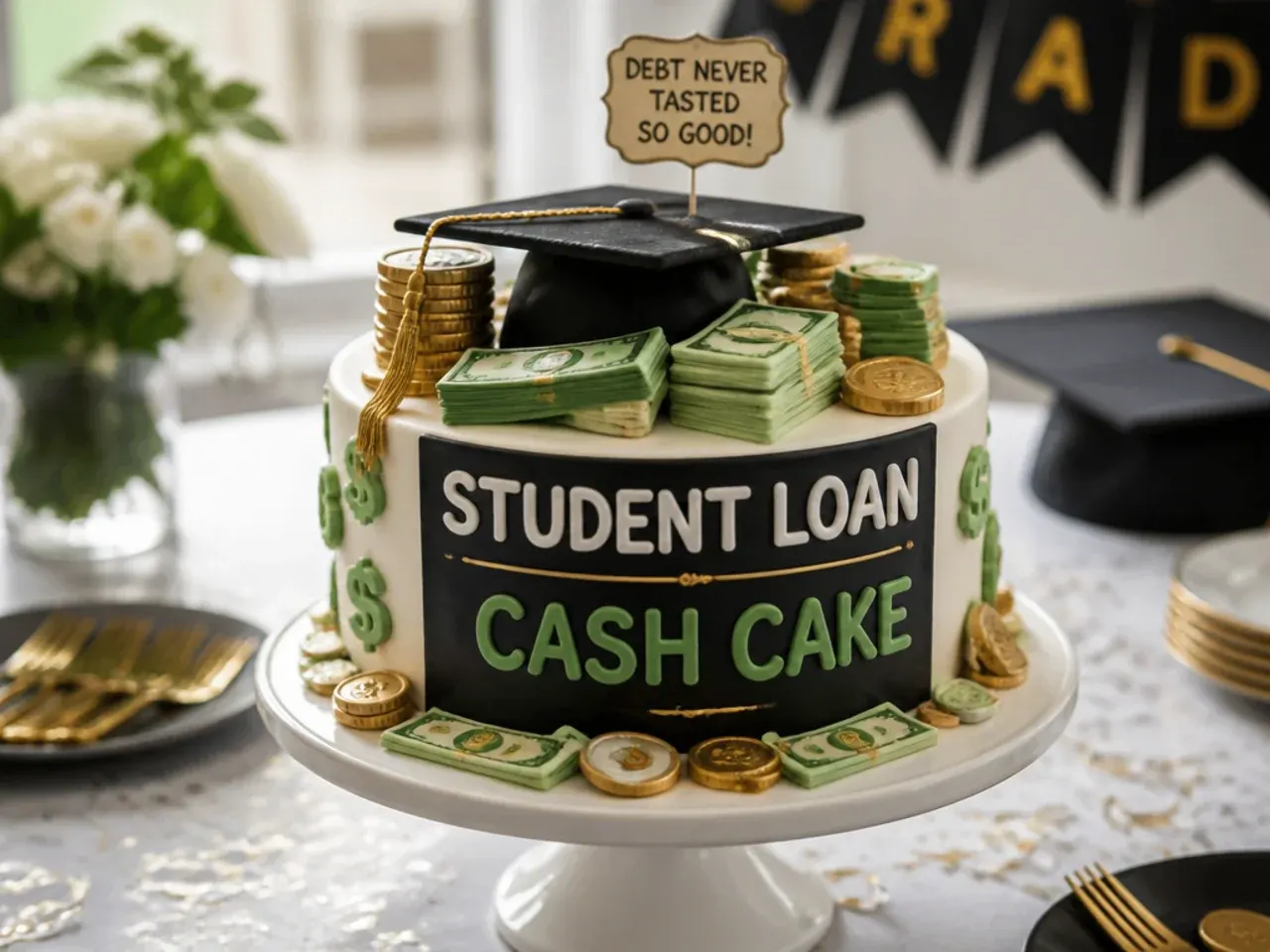 Cross-section of a two-layer cake showing chocolate coins hidden inside as a money surprise