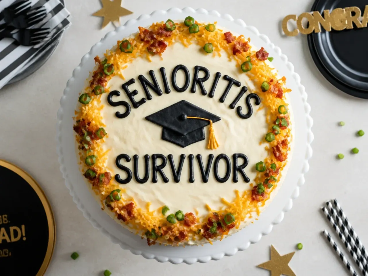 Cake with a piped award ribbon design reading Senioritis Survivor