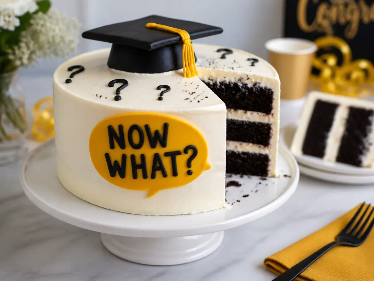 Dark navy cake with a large white piped question mark and pastel text underneath
