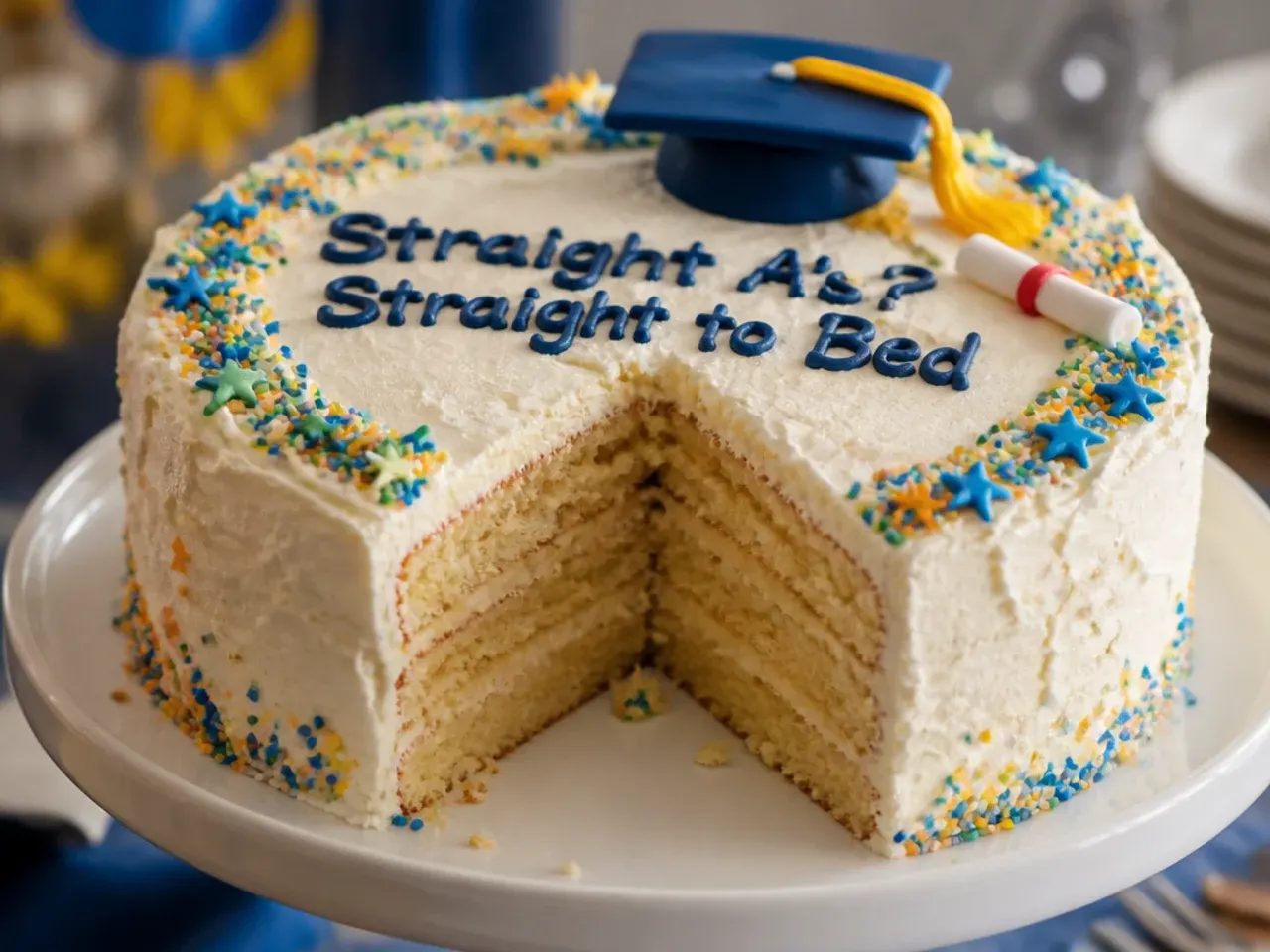 Small fondant figure lying down asleep on top of a decorated graduation cake