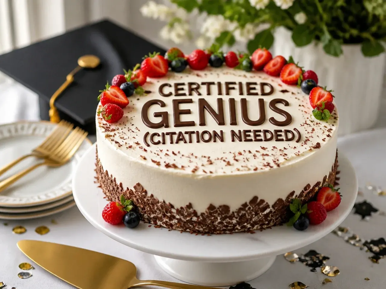Cake with gold banner text Certified Genius and small footnote text at the base