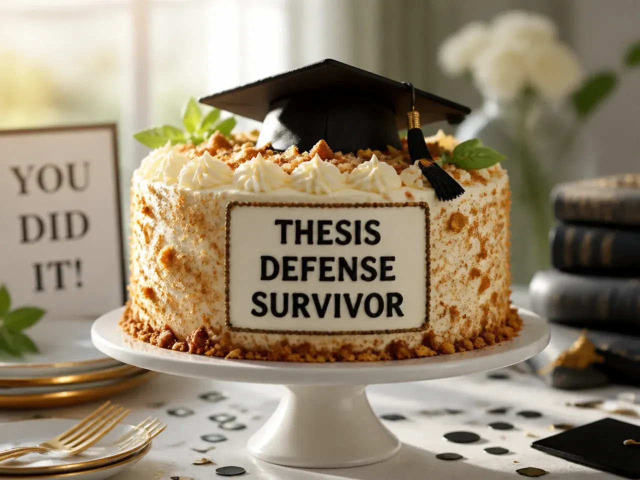 Cake decorated with a shield-shaped badge design reading Thesis Defense Survivor