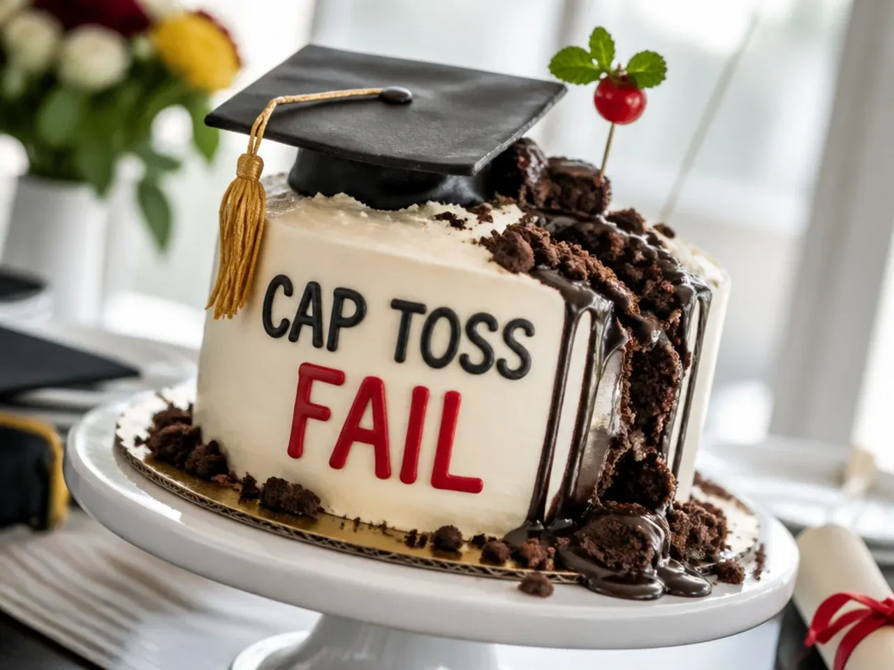 Mini fondant graduation caps scattered on a cake board with one lying upside down