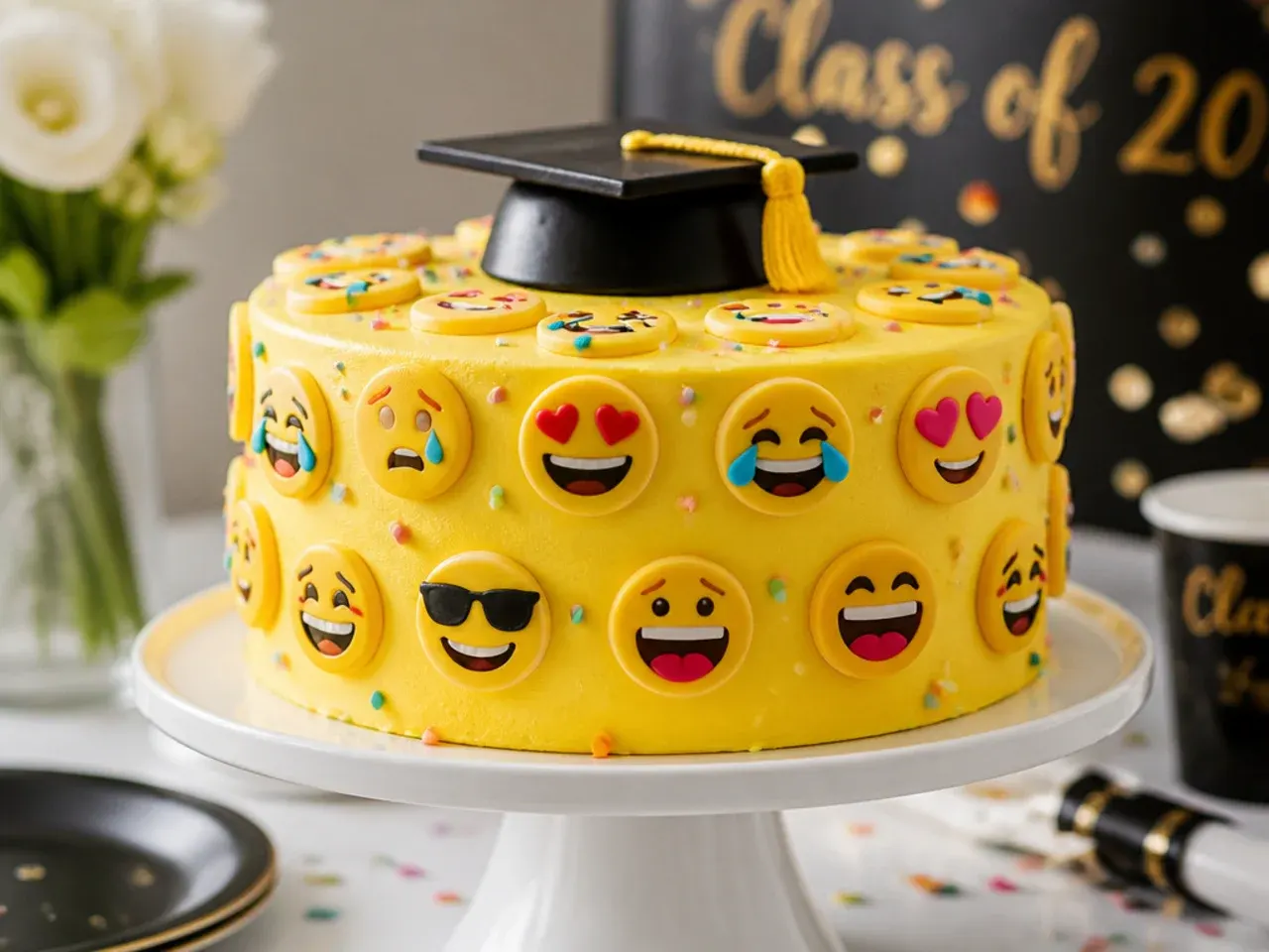 Cake covered in colourful piped and printed emoji designs including laughing and skull faces